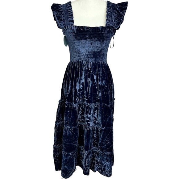 Hill House Size S The Ellie Nap Dress Navy Velvet Midi Tiered Smocked Bodice NEW - Picture 3 of 14